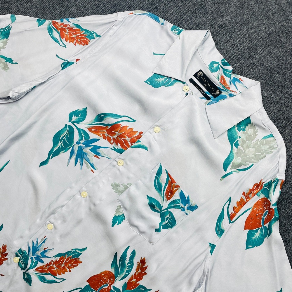 AllSaints Iris SS Shirt XXL White Tropical Floral Viscose Relaxed Button Down‎